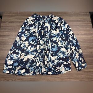 Anne Klein Blue and White Floral Long Sleeve Blouse Size XL